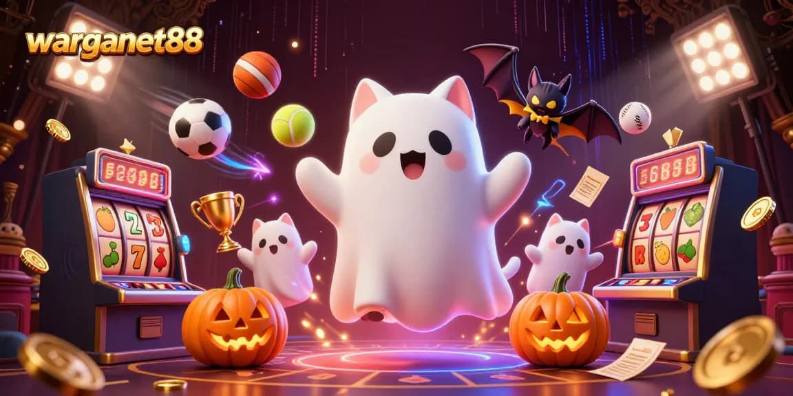 warganet88 engages players with vibrant ghost cat and bat in a haunted casino, surrounded by thrilling slot elements.