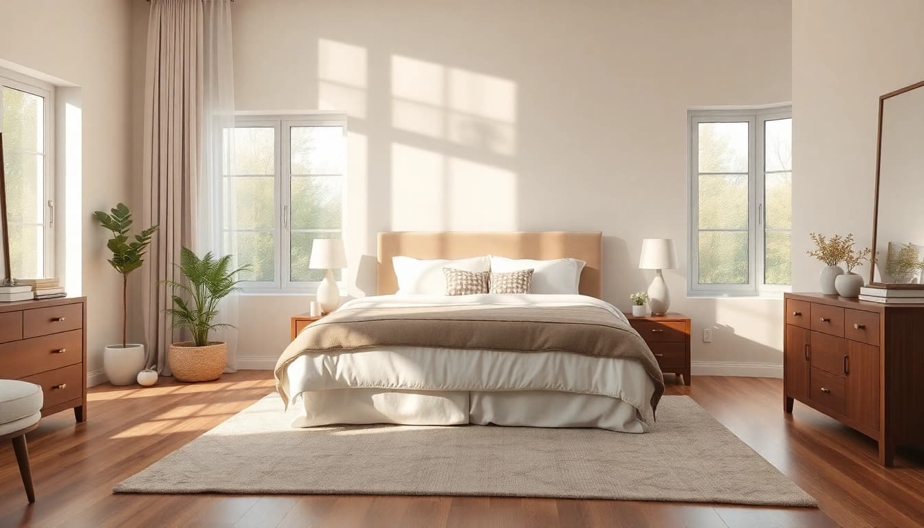 Relaxing bedroom showcasing a luxury king size bed with elegant linens and natural light.