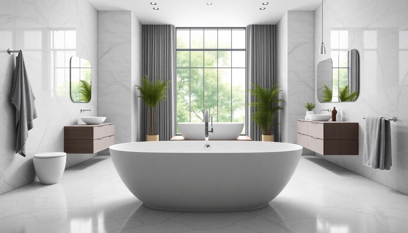 Sonni sanitär Badezimmer mit eleganten Armaturen und freistehender Badewanne, modern und einladend.