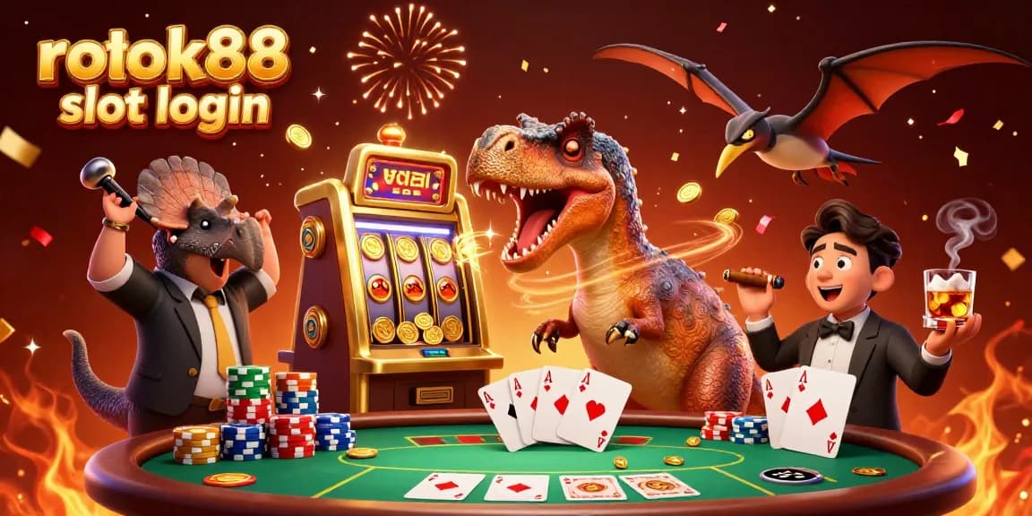 Win big with rokok88 slot login, as a cartoon dinosaur celebrates a jackpot!