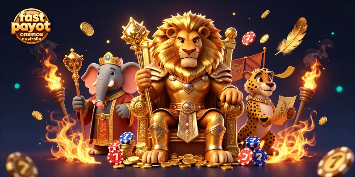 Fast payout casinos Australia with lion king, elephant advisor, and cheetah in a vibrant casino scene