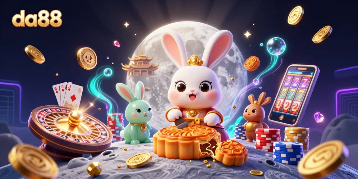 Engage with da88's vibrant casino atmosphere featuring a moon rabbit and dynamic game elements.