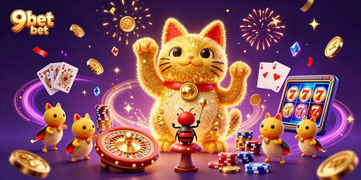 Experience thrilling wins at 9bet bet with a vibrant 3D lucky cat, coins, and casino symbols.
