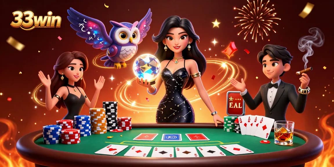 Engage with 33win's exciting casino scene featuring a stunning character and dynamic gaming elements.