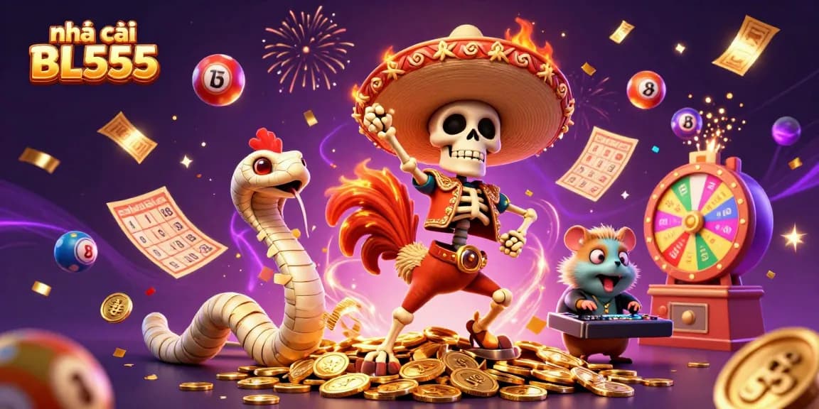 The vibrant scene showcases nhà cái BL555's exciting atmosphere with cartoon characters engaging in dynamic gambling-themed action, maximizing the fun factor.