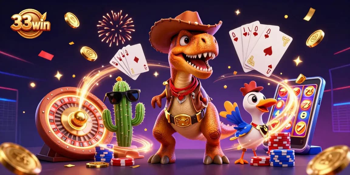 33win showcases a vibrant casino scene with a dinosaur and friends celebrating wins