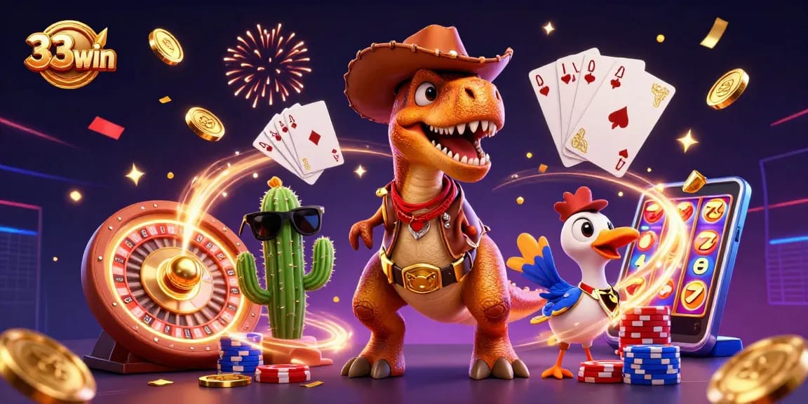 33win showcases a vibrant casino scene with a dinosaur and friends celebrating wins