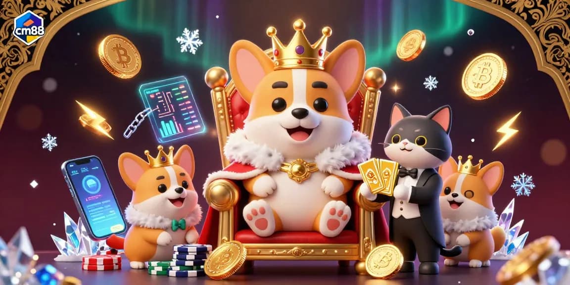 Experience exciting betting at cm88 with a royal corgi and cat butler amidst glowing crypto coins.