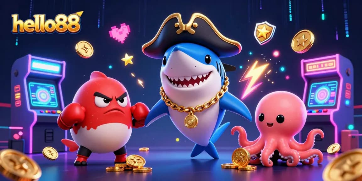 Engage with hello88's vibrant 3D casino world featuring a colorful shark and energetic octopus.