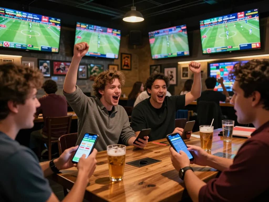 Engaged fans at a fly88 sports betting bar excitedly watching live games.