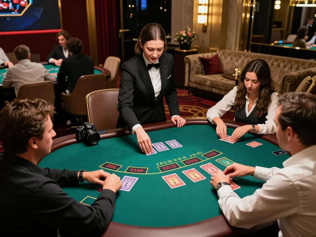 Engaging players at SC88 blackjack table analyzing hands amid vibrant casino atmosphere