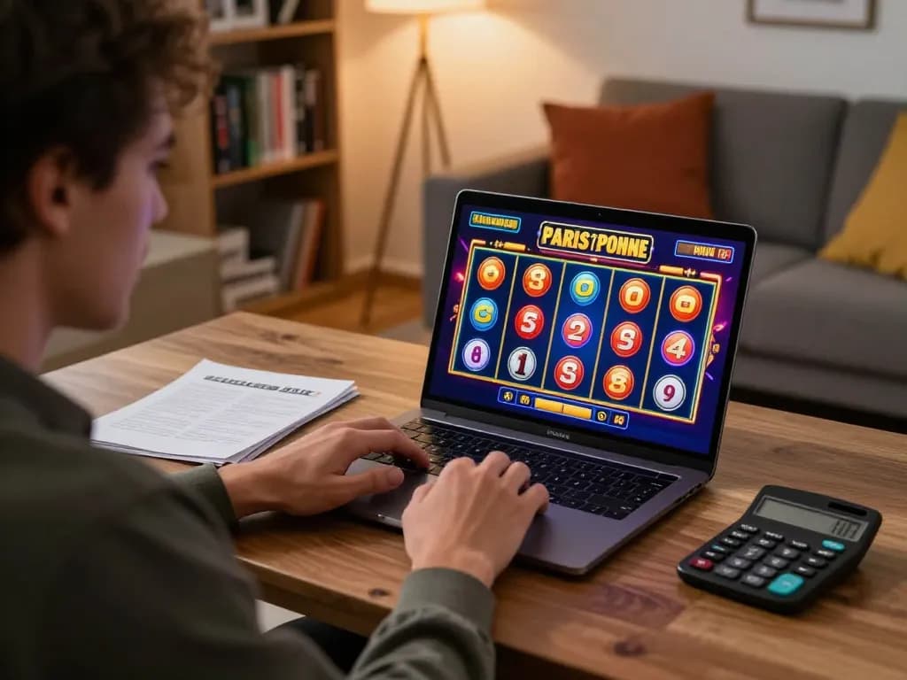 Player enjoying paris slot games on a laptop, showcasing strategic gaming setup at home
