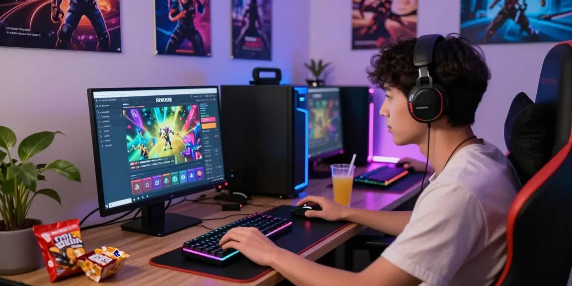 Player immersed in ROKOK88 online gaming platform with vibrant visuals and gaming gear