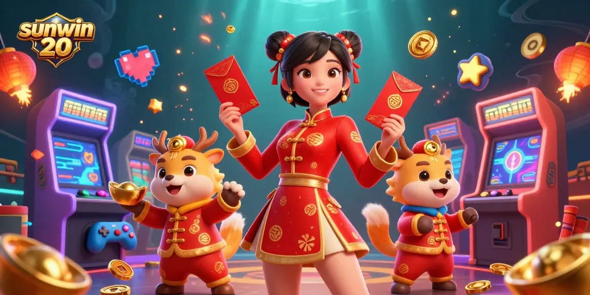 Experience the excitement of sunwin 20 with vibrant scenes of gaming action and cultural symbols.