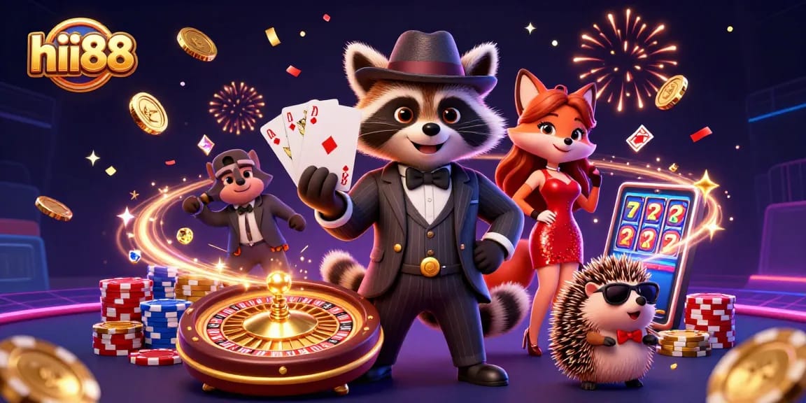 Experience thrilling games at hii88, with a raccoon in a suit holding a royal flush amidst casino excitement.