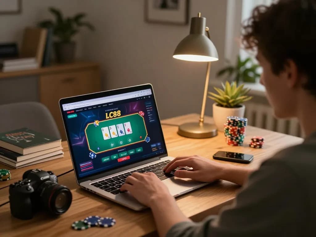 Players enjoying the LC88 online gambling experience on their laptops, showcasing excitement and strategy.