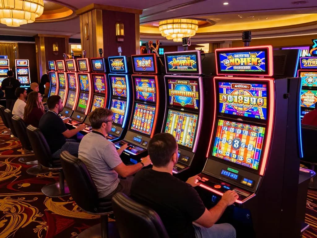 Players enjoying slot machines with colorful displays in a vibrant casino environment.
