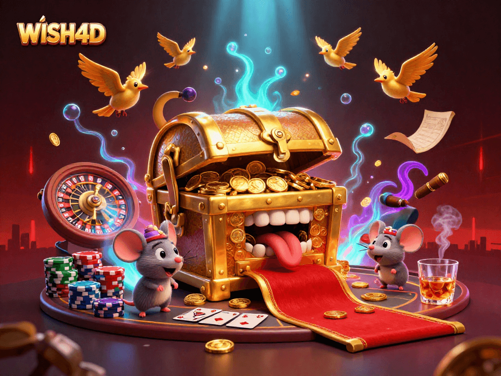 Engage with WISH4D's vibrant casino scene featuring a golden treasure chest enticing adventurer mice amidst live casino elements.