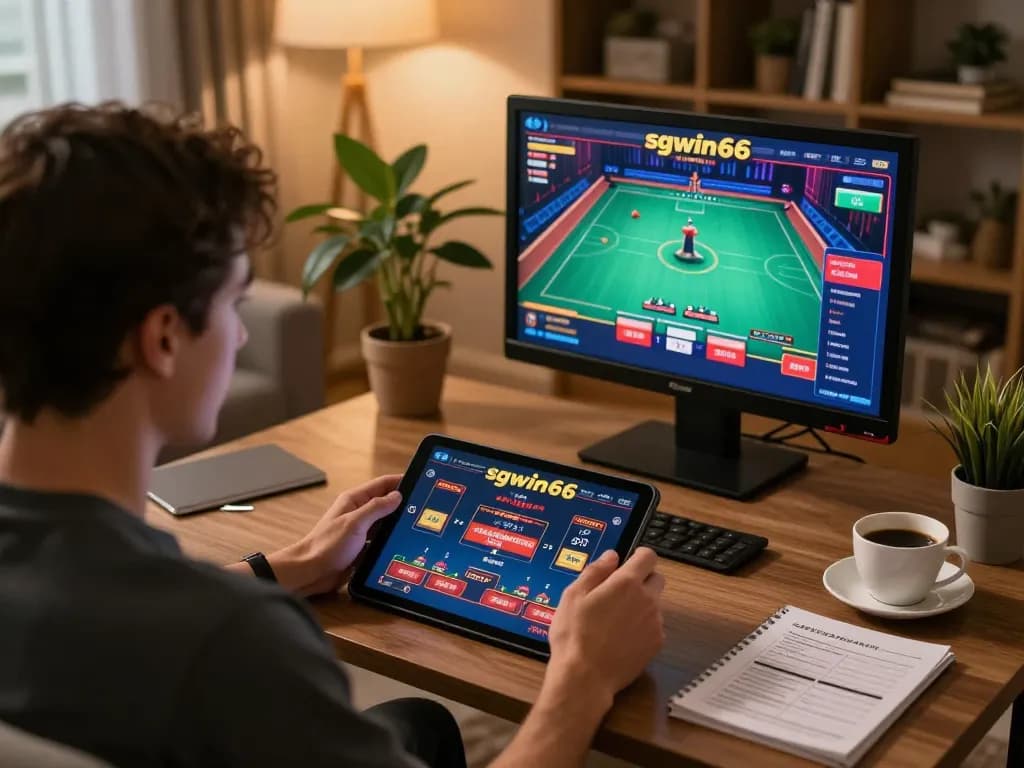 Player enjoys engaging sgwin66 games during cozy home gaming session with live dealer