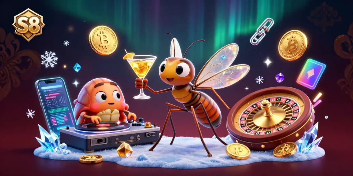 S8 engages players with vibrant 3D casino characters amidst Bitcoin coins and a roulette wheel