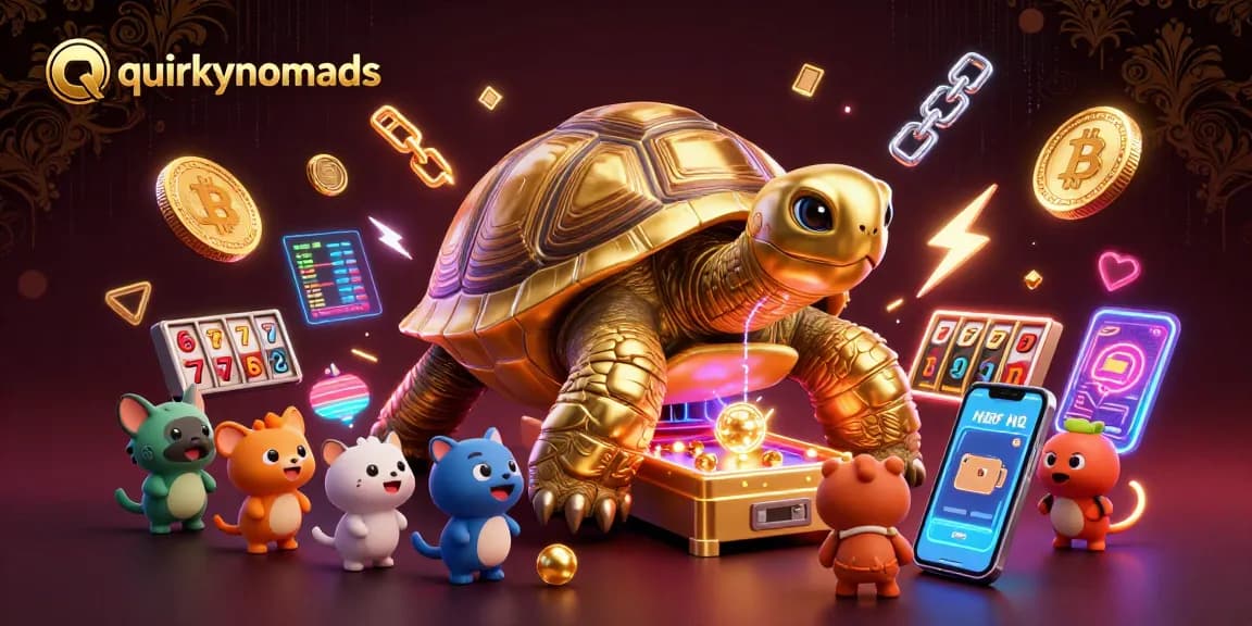 Experience the thrill of quirkynomads with a golden tortoise pinball machine among crypto elements in a vibrant casino scene.