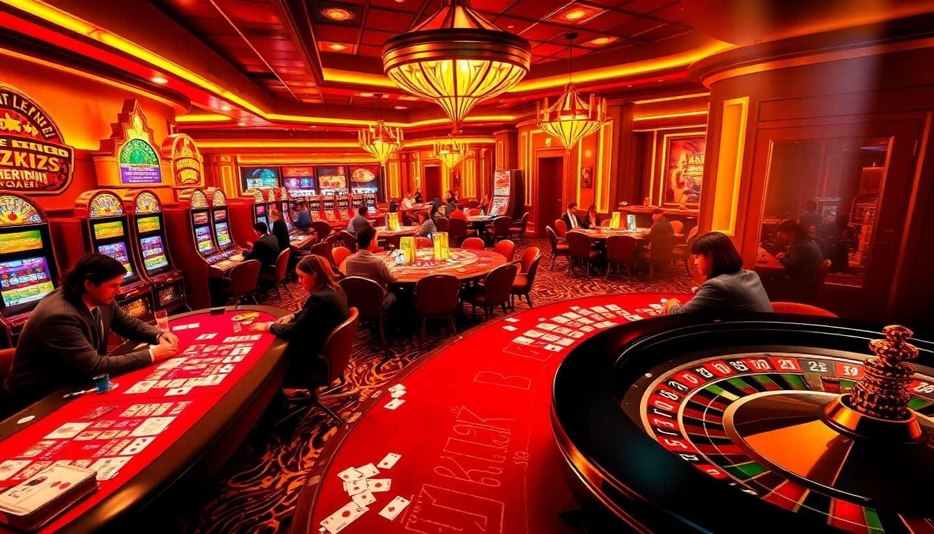 Players engaged at LUCK8 casino tables with vibrant slot machines and roulette wheel.