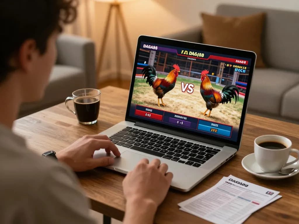 DAGA88 player engaged in live bets on crowning rooster fights at home, creating an immersive betting atmosphere