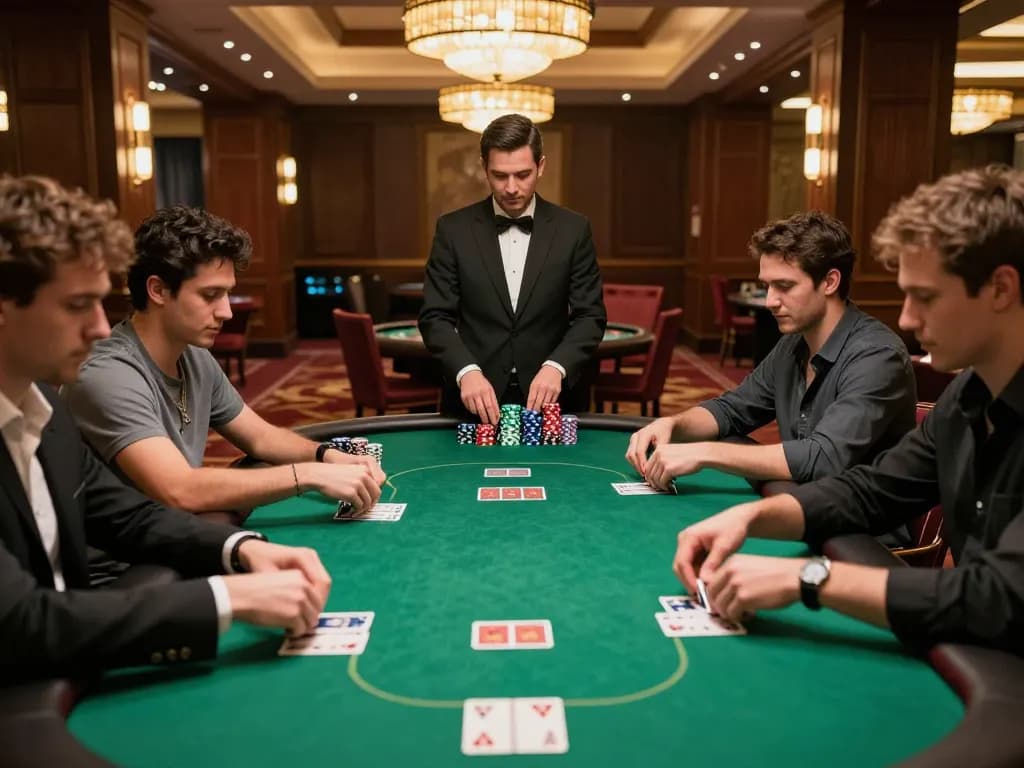 Players strategizing at rik vip poker table in high-stakes casino atmosphere.