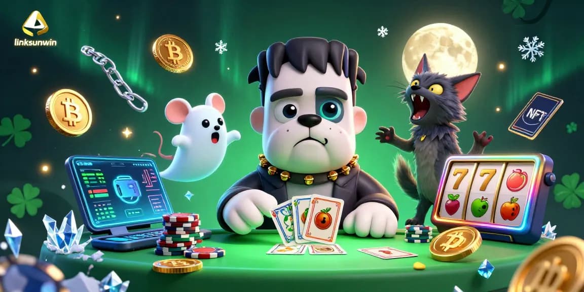 Engage in thrilling gameplay with linksunwin as a bulldog monster deals cards amidst a ghostly casino.