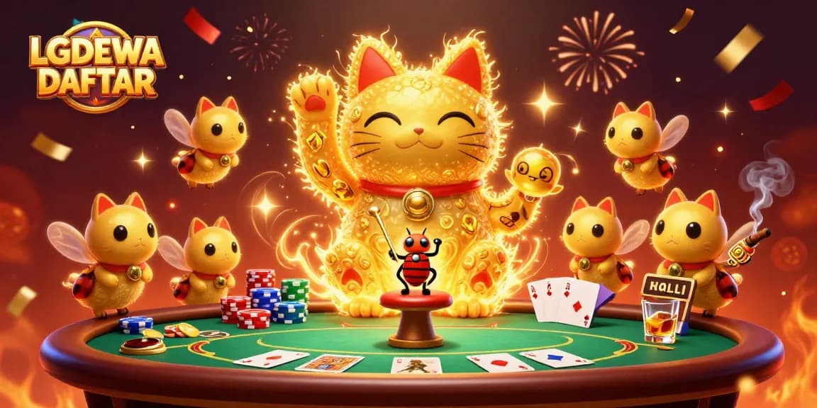 Experience excitement with LGODEWA DAFTAR as golden fireflies create a lucky cat amidst casino symbols.