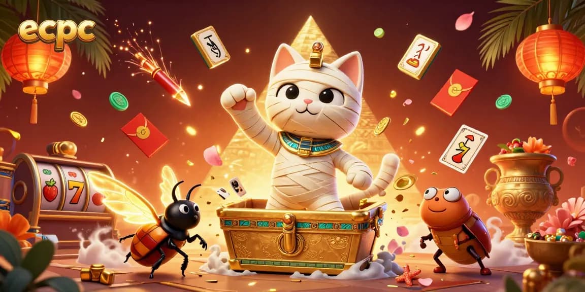 Engage with the dynamic world of ecpc through this vibrant casino illustration featuring a mummy cat and lucky symbols.