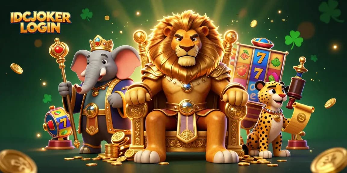 Win big with IDCJOKER LOGIN at this vibrant casino scene featuring regal characters and colorful slot machines.