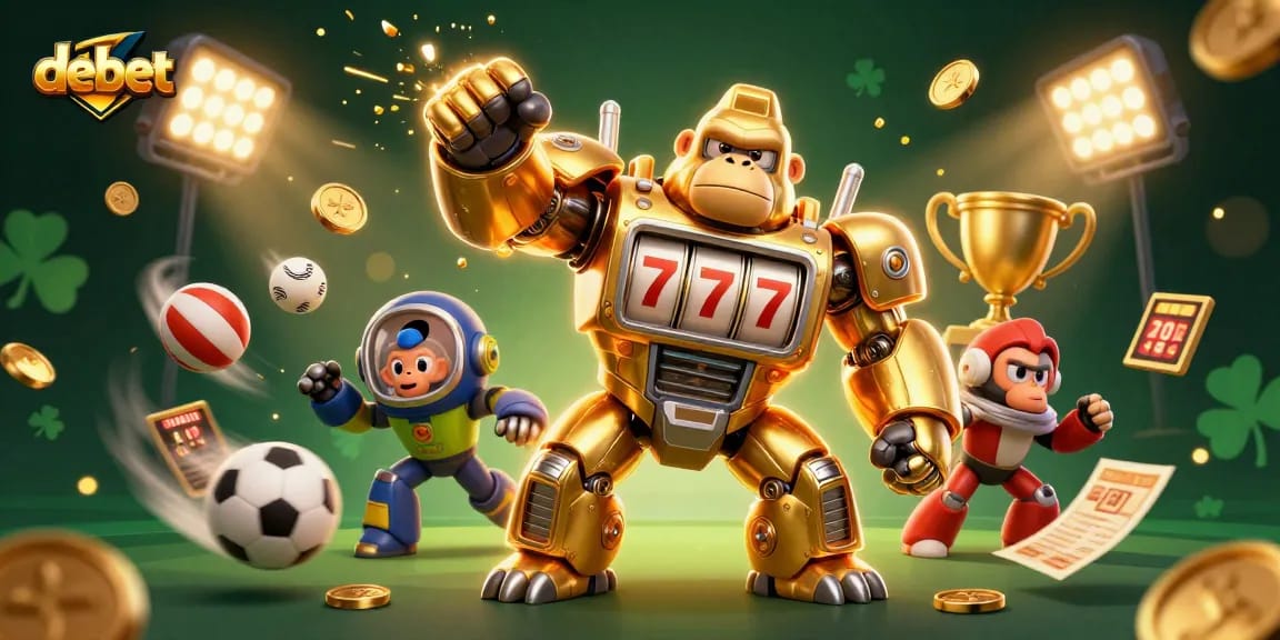 Experience debet excitement with a dynamic golden gorilla mech in a casino-inspired scene.