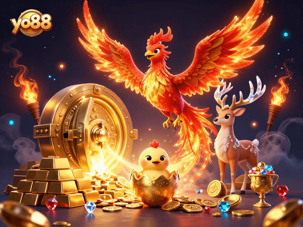 Experience thrilling wins with yo88, featuring vibrant phoenix characters and rich casino treasures.