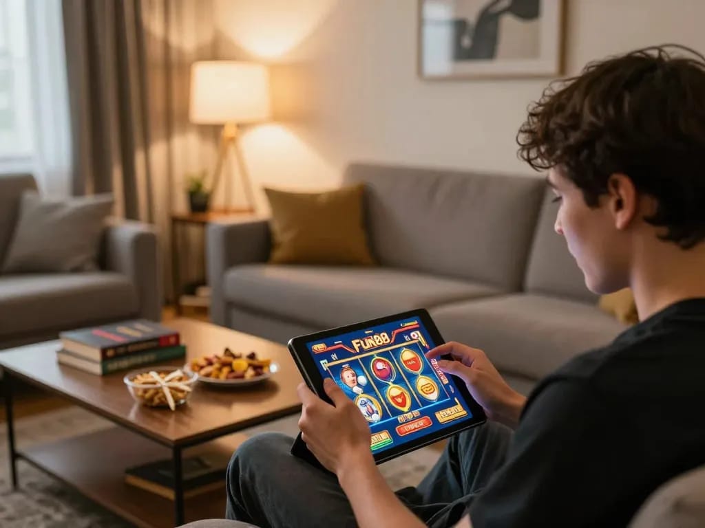 Engaging moment of a player enjoying Fun88 casino games on a tablet at home, showcasing vibrant graphics and cozy atmosphere.