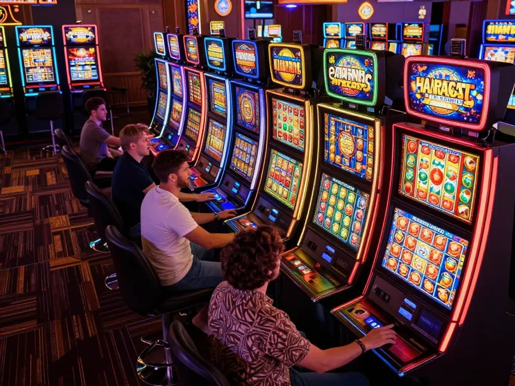 Excited players engaging with slot gacor machines in a busy casino, highlighting vibrant lights and dynamic gameplay.