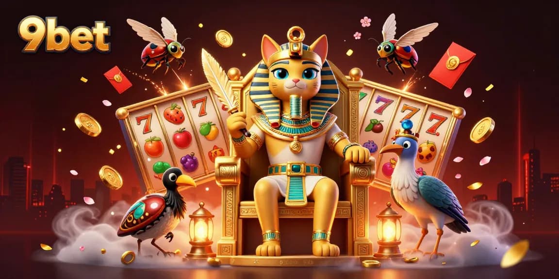 Engage with 9bet's exhilarating slot games featuring a pharaoh cat and vibrant symbols.