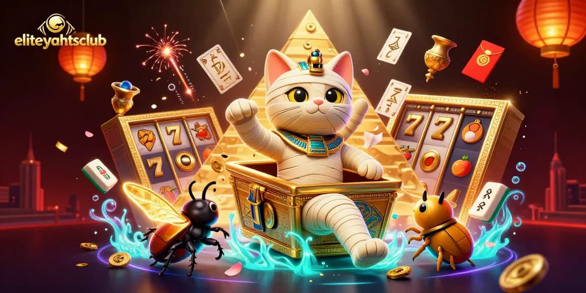 Engage with eliteyachtsclub in a vibrant 3D casino experience featuring slots and unique characters.