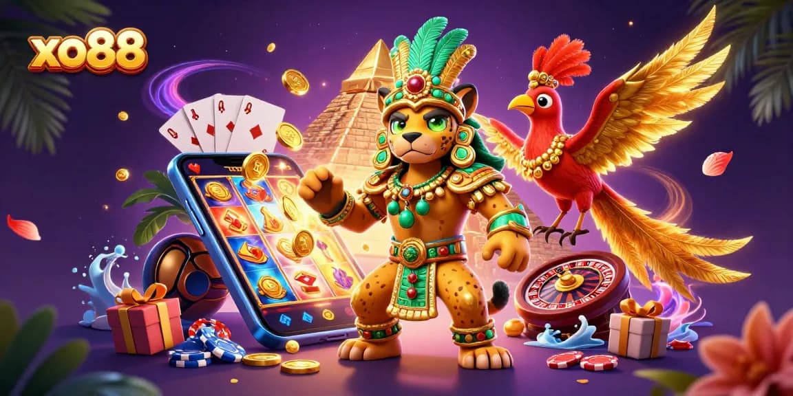 Spin to win at xo88 with a Mayan jaguar priest and slot game elements in a vibrant casino scene.
