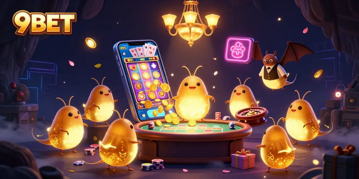 Experience the excitement of 9BET with glowworms illuminating a vibrant cave casino scene.