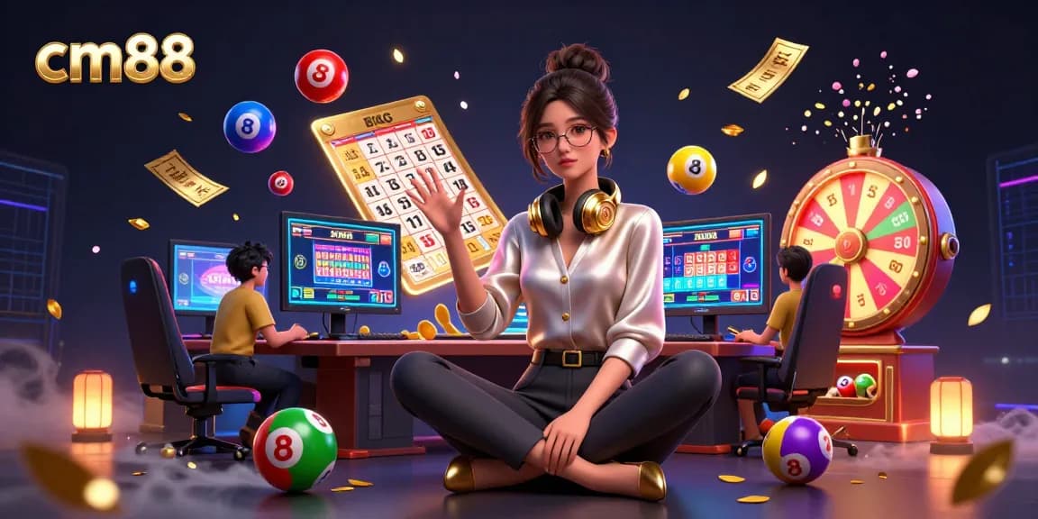 Experience the thrill of cm88 casino gaming with a vibrant 3D illustration featuring lottery and bingo elements.