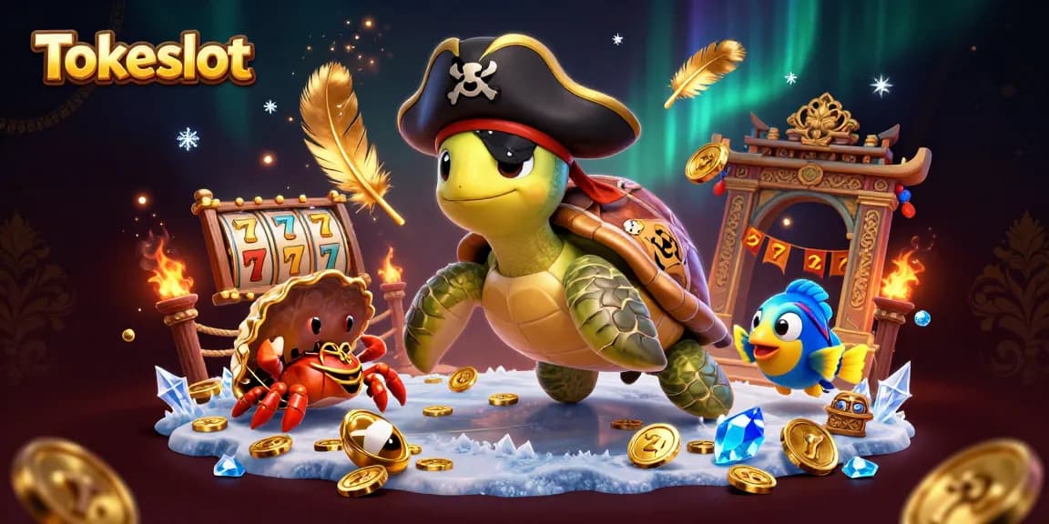 Tokeslot's entertaining illustration showcases a pirate turtle, hermit crab, and parrotfish animatedly playing slots.