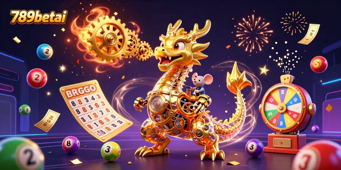 Engage in exciting lottery action with 789betai as colorful balls and prizes surround a golden biomechanical dragon.