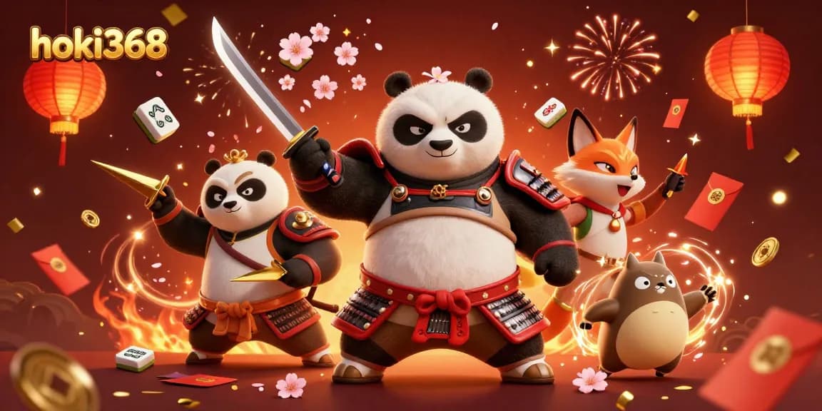 Experience thrilling gaming at hoki368 with a vibrant samurai panda and ninja fox in an exciting casino setting.