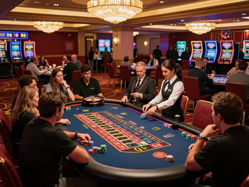 77WIN casino players excitedly betting on a roulette table in a vibrant atmosphere.