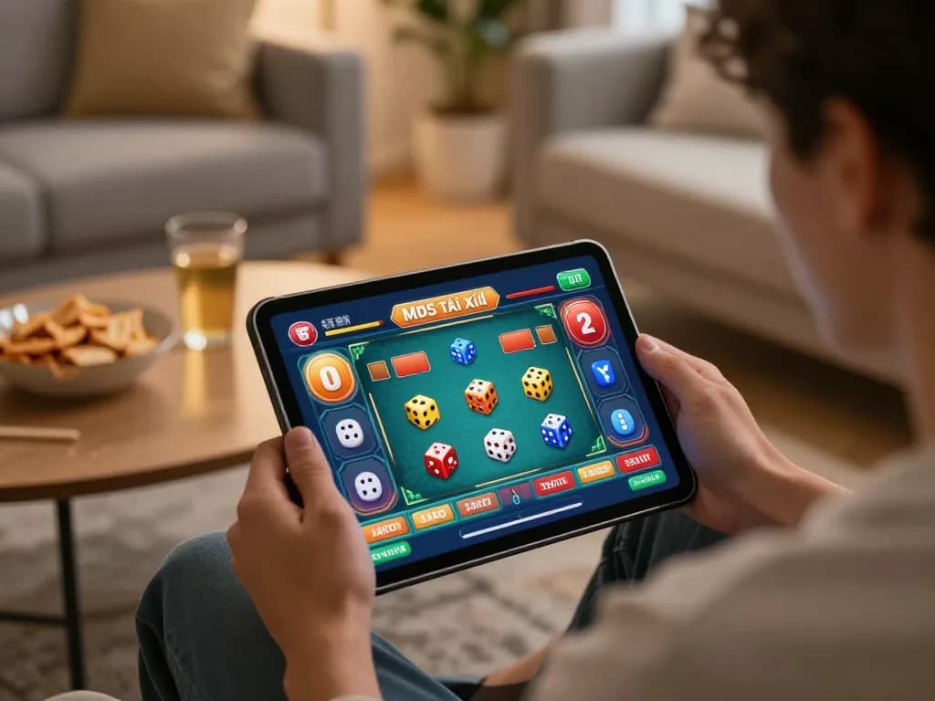 Engaging player enjoying md5 tài xỉu on a tablet in a cozy home setting, highlighting strategic gaming.