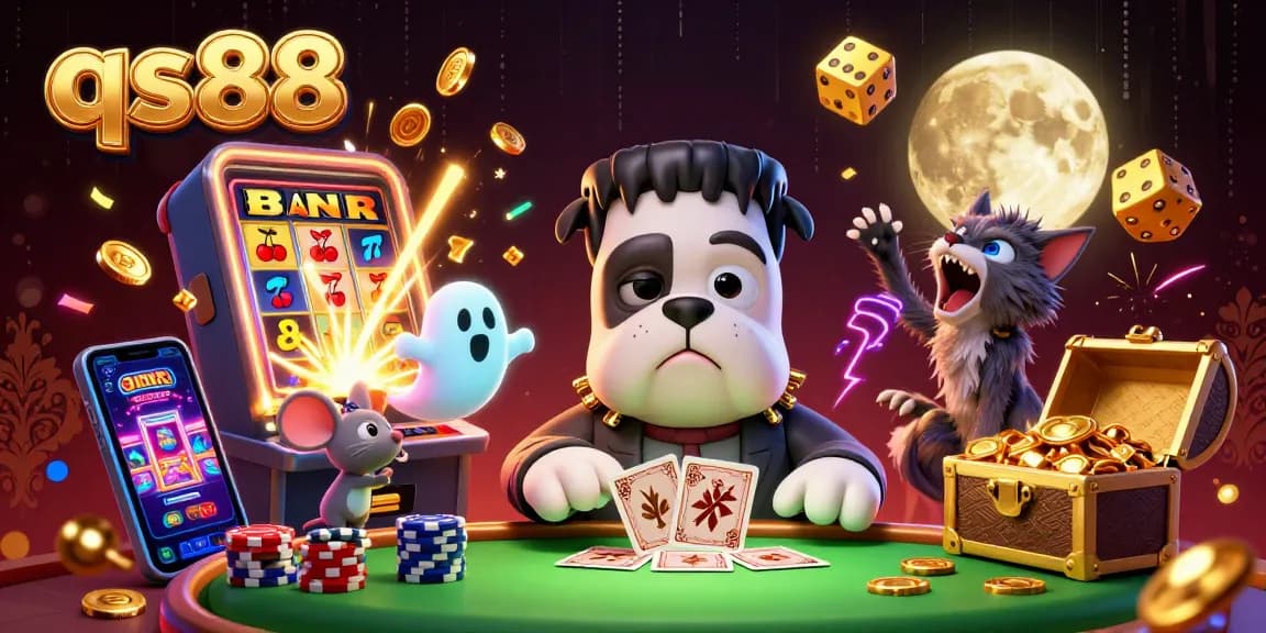 qs88 offers an exciting casino experience featuring a bulldog monster dealing cards and a treasure-filled scene.