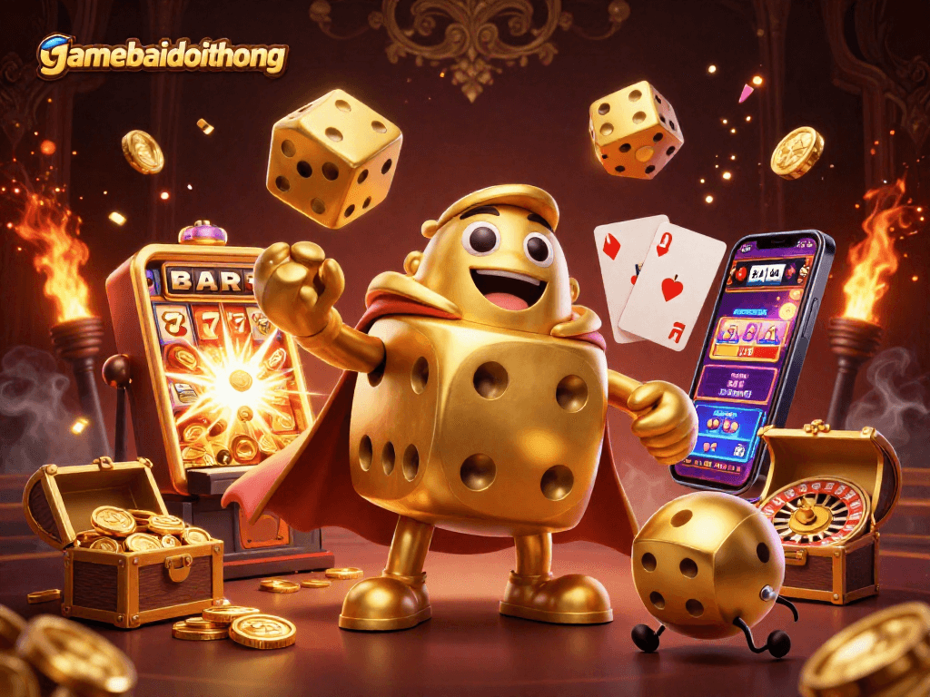 Experience the thrilling gamebaidoithuong action with a dynamic casino scene featuring animated dice and a slot explosion.