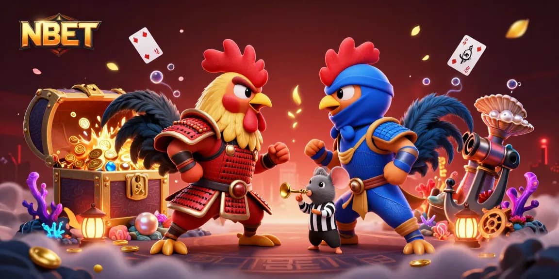 NBET showcases twin roosters in combat matched by dazzling casino elements, engaging gamblers visually.