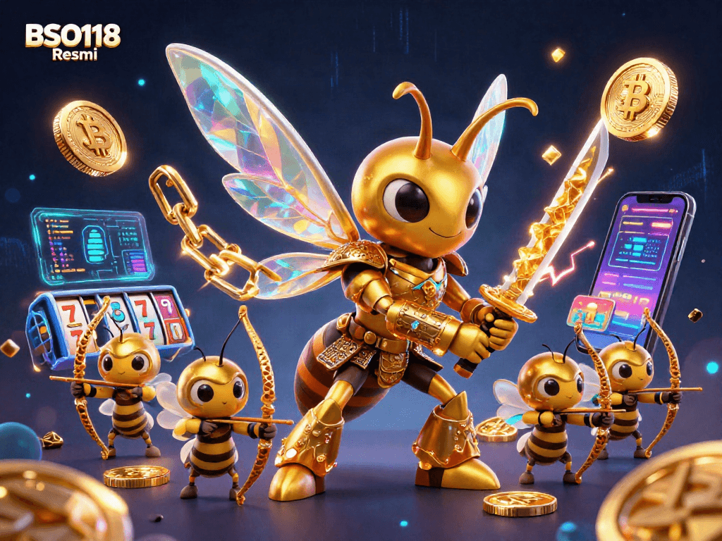 Engage with BSO118 Resmi in a dynamic scene featuring a golden hornet samurai amidst vibrant casino elements.